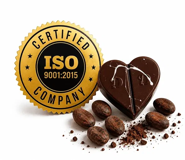 ISO 9001:2015 certified company seal with DZIR heart-shaped chocolate and cocoa beans