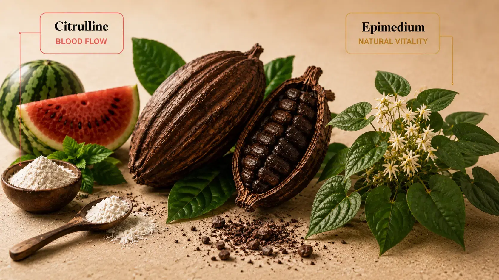 Cocoa pods, watermelon, citrulline, and epimedium botanicals used in DZIR chocolate
